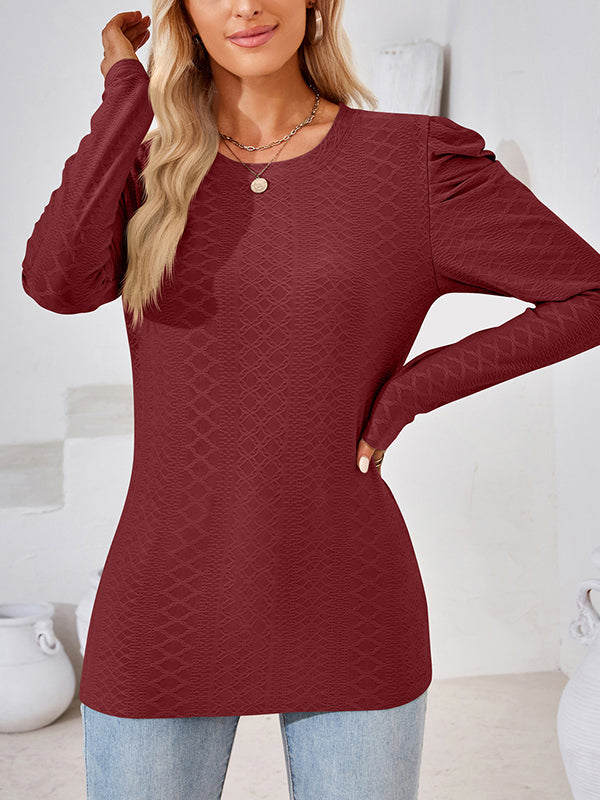 Pleated Solid Color Long Sleeves Loose Round-Neck T-Shirts Tops
