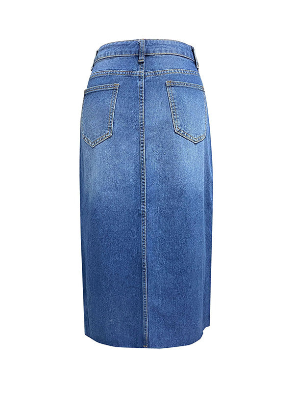 Fringed Pockets Split-Front A-Line High Waisted Skirts Bottoms