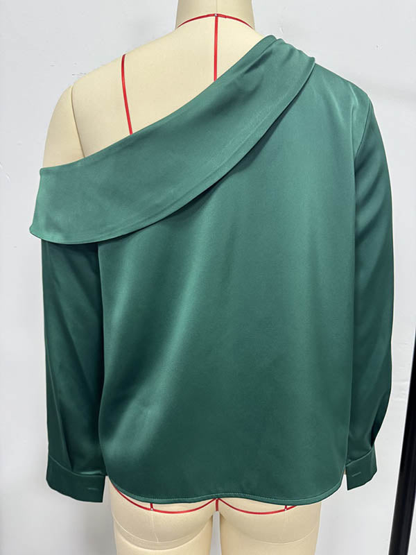 Pleated Solid Color Split-Joint Long Sleeves Skinny One-Shoulder Blouses&Shirts Tops