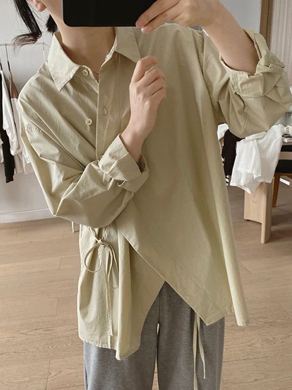 Lace-Up Solid Color Irregular Clipping Long Sleeves Lapel Blouses