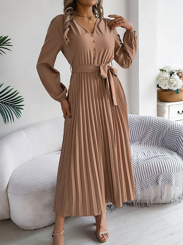 Belted Buttoned Pleated Solid Color High Waisted Long Sleeves V-Neck Maxi Dresses