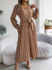 Belted Buttoned Pleated Solid Color High Waisted Long Sleeves V-Neck Maxi Dresses