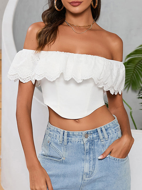 Elasticity Pleated Ruffled Solid Color Split-Joint Ruffle Sleeves Skinny Off-the-shoulder Blouses&shirts Tops