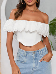 Elasticity Pleated Ruffled Solid Color Split-Joint Ruffle Sleeves Skinny Off-the-shoulder Blouses&shirts Tops