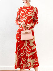 Floral Printed Pleated Long Sleeves Midi Dress