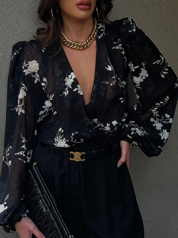 Gauze Jacquard Lace-Up Pleated See-Through Loose Puff Sleeves V-Neck Blouses&Shirts Tops
