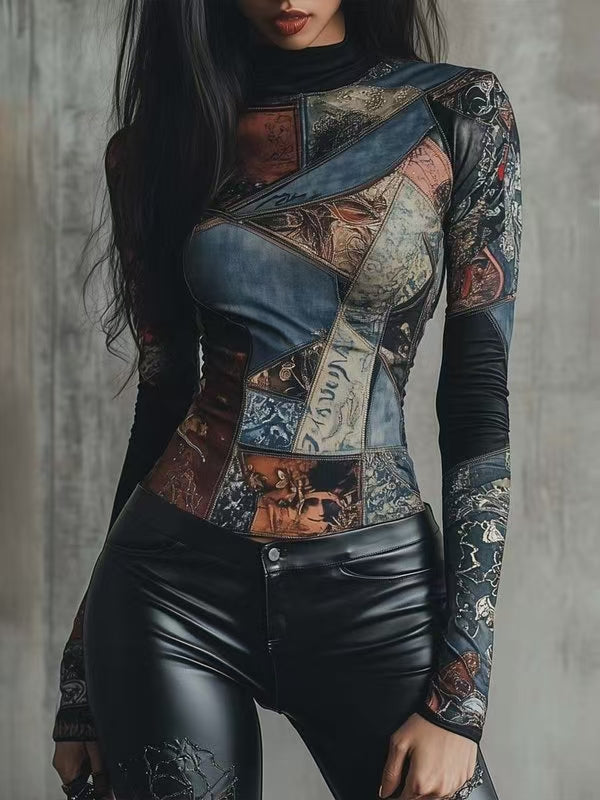 Contrast Color Printed Split-Joint Irregularity Long Sleeves Half Turtleneck Blouses&Shirts Tops
