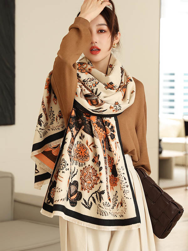 Vintage Knitting Tasseled Jacquard Imitated Cashmere Scarf Shawl
