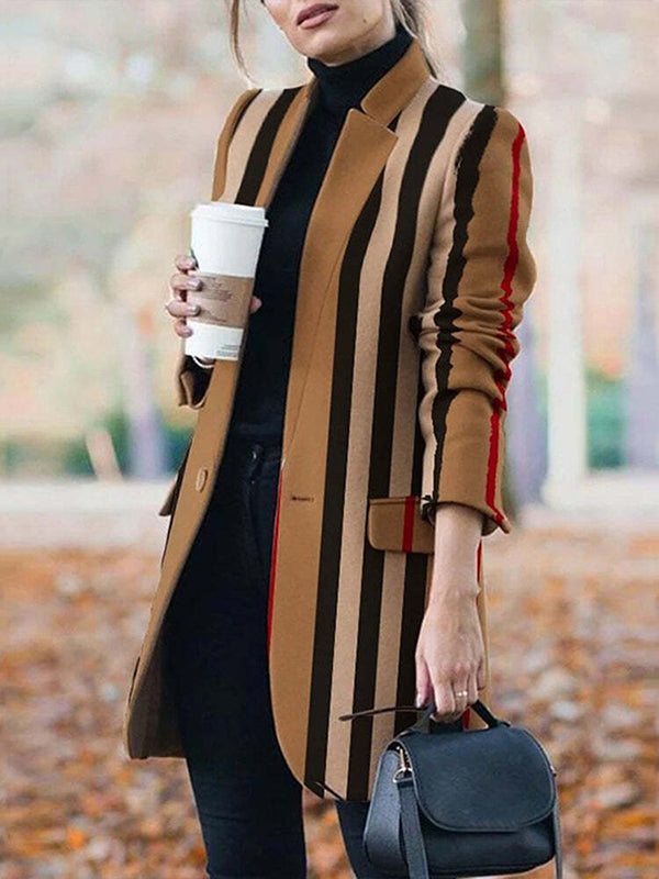 Buttoned Split-Joint Striped Long Sleeves Loose Stand Collar Woolen Coat