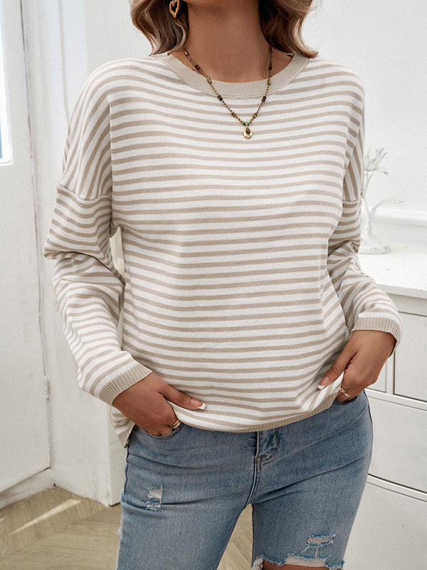 Split-Joint Striped Long Sleeves Loose Round-Neck Sweater Tops Pullovers