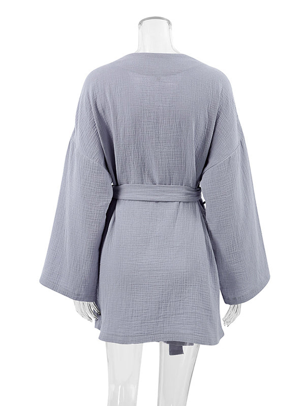 Ribbed Solid Color Long Sleeves Loose V-Neck Robes Pajamas