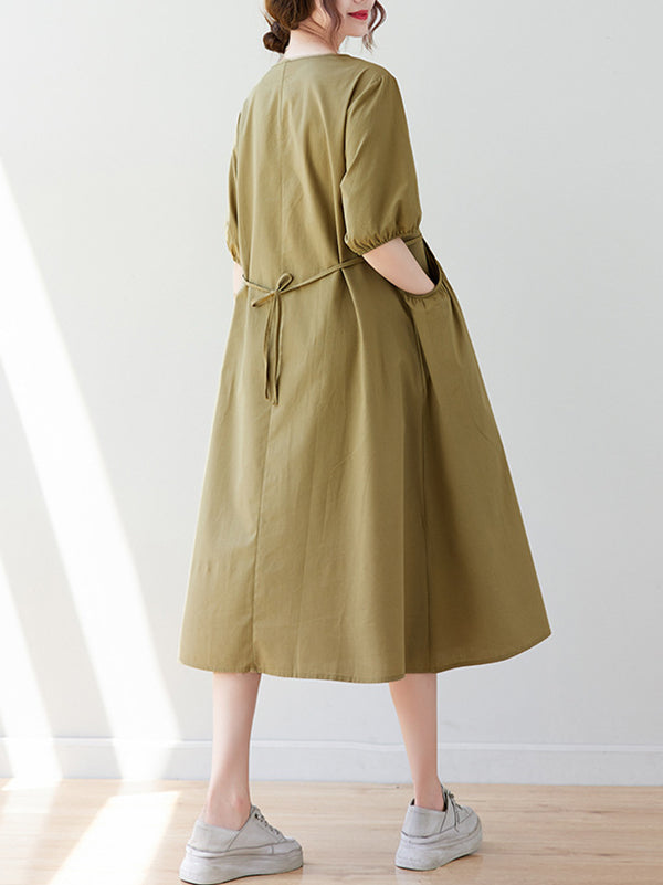 Casual Half Sleeves Loose Elasticity Split-Joint Solid Color Midi Dresses