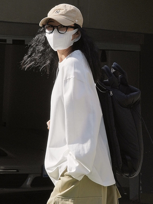Casual Long Sleeves Loose Solid Color Round-Neck T-Shirts Tops