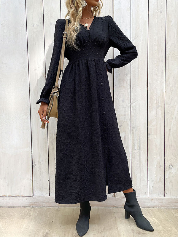 Buttoned Elasticity Solid Color Split-Side A-Line Long Sleeves V-Neck Midi Dresses