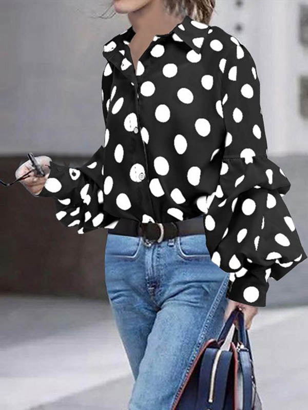 Buttoned Polka-Dot Split-Joint Long Sleeves Loose Lapel Blouses&shirts Tops