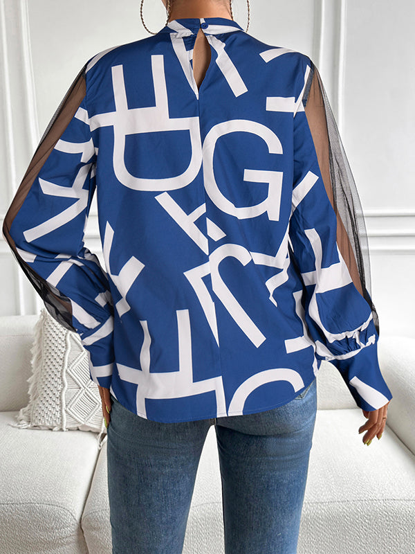 Hollow Letter Print Mesh See-Through Long Sleeves Round-neck Shirts Tops Blouses&shirts Tops