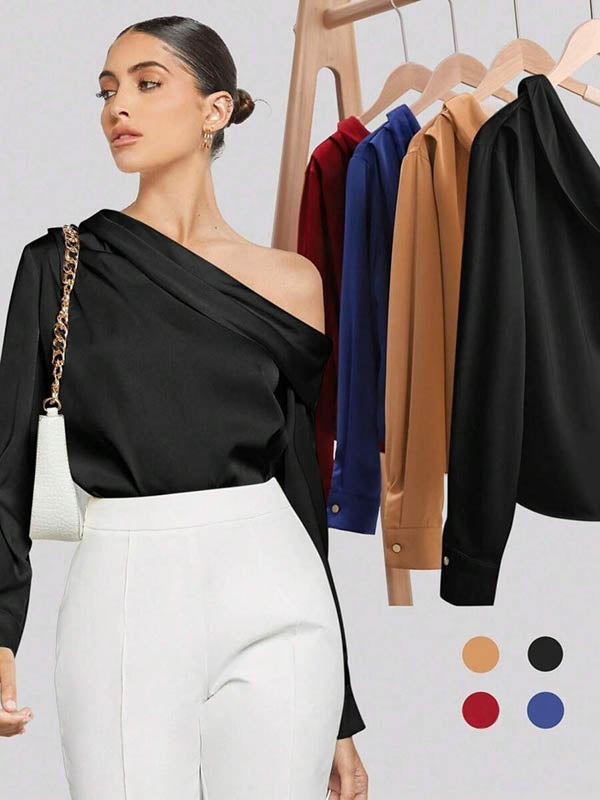 Pleated Solid Color Split-Joint Long Sleeves Skinny One-Shoulder Blouses&Shirts Tops