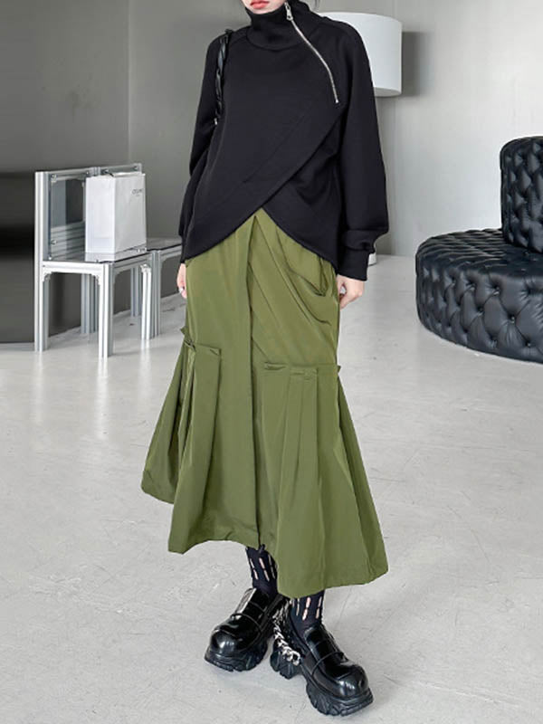 Asymmetric Split-Joint Zipper Long Sleeves Loose High Neck Sweatshirt Tops