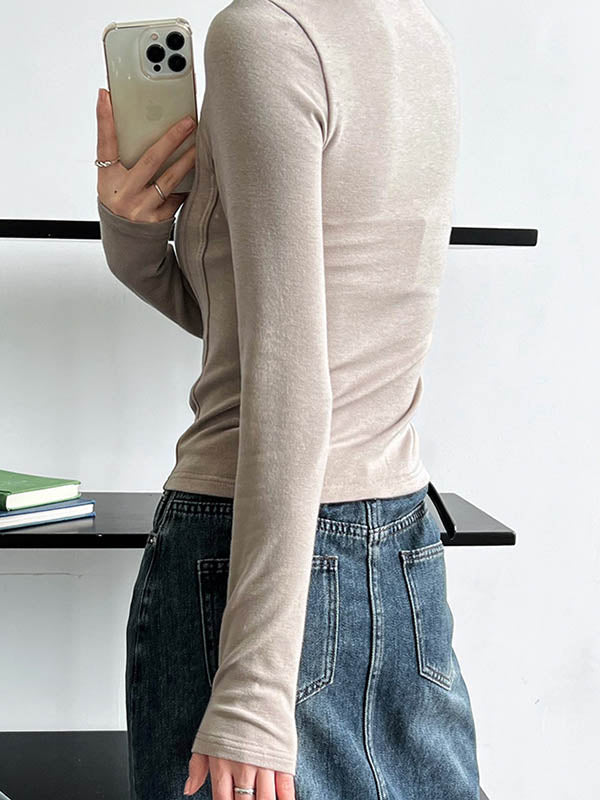 Solid Color Split-Joint Long Sleeves Skinny Round-Neck T-Shirts