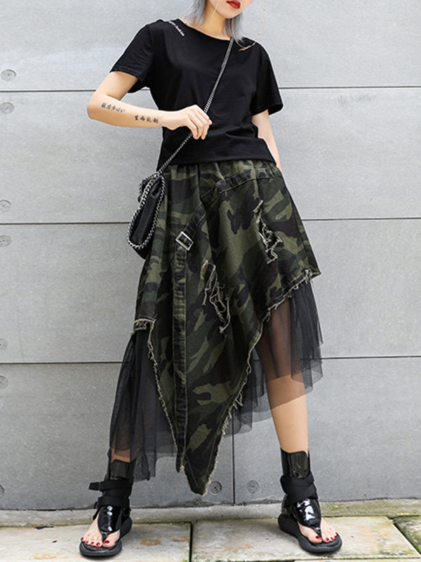 Asymmetric Camouflage Elasticity Fringed Mesh Split-Joint A-Line Loose Skirts Bottoms