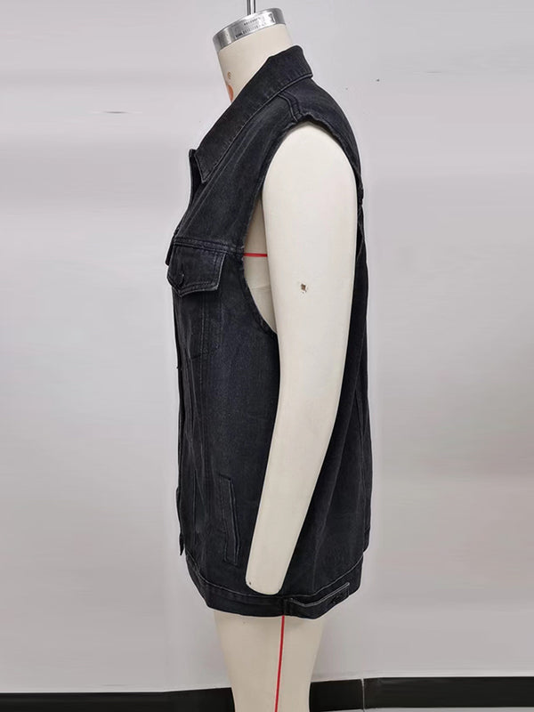 Buttoned Drawstring Pockets Split-Joint Loose Sleeveless Polo Vest Outerwear