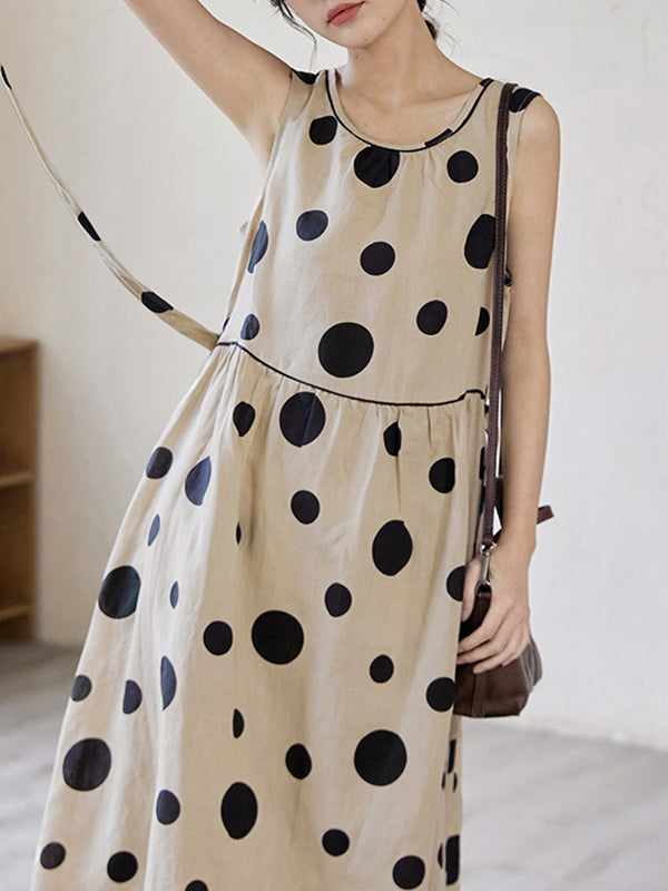 Contrast Color Pleated Polka-Dot Split-Joint Tied Waist Loose Sleeveless Round-Neck Midi Dresses