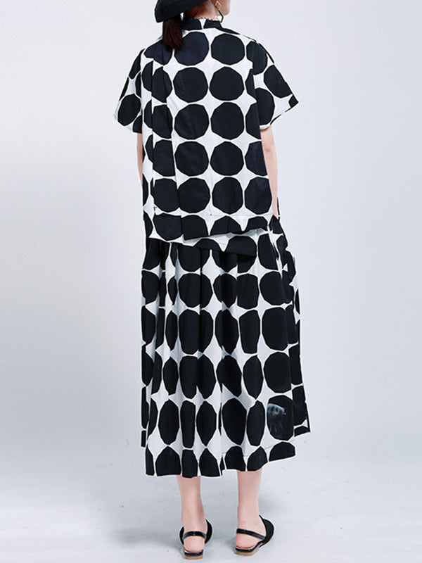 Mock Neck Buttoned Pockets Polka-Dot Blouses Top + A-Line High Waisted Skirts Bottom Two Pieces Set