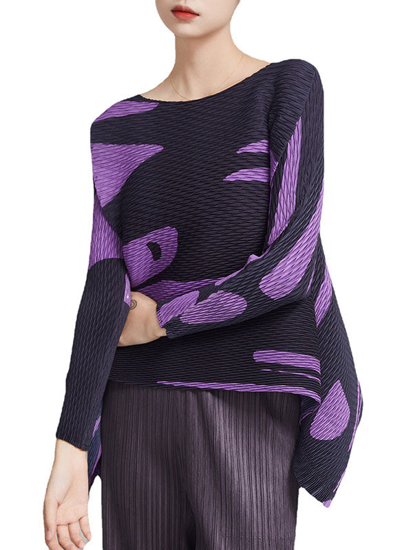 Casual Irregularity Loose Printed Pleated Round-Neck T-Shirts Tops