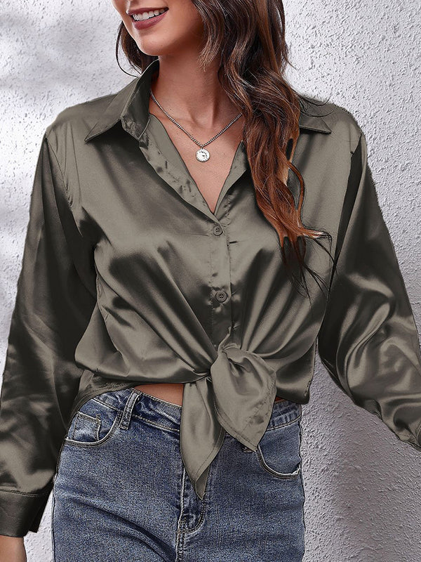 Solid Color Long Sleeves Loose Lapel Blouses