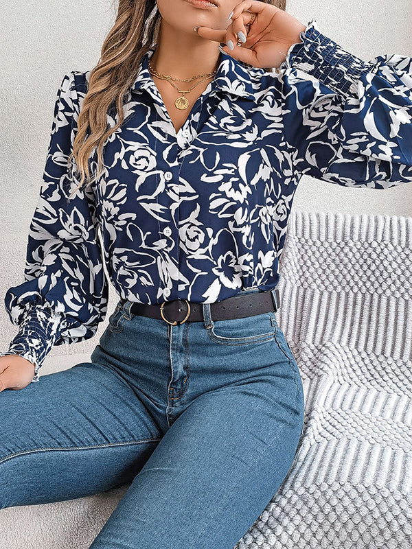 Buttoned Contrast Color Elasticity Flower Print Long Sleeves Loose Lapel Blouses&shirts Tops