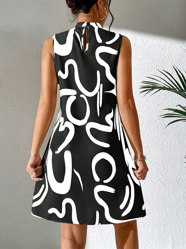 Contrast Color Printed A-line Sleeveless Mini Dresses