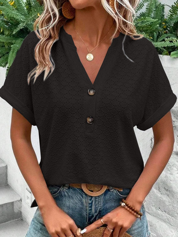 Buttoned Jacquard Split-Joint Loose Plus Size V-Neck T-Shirts Tops