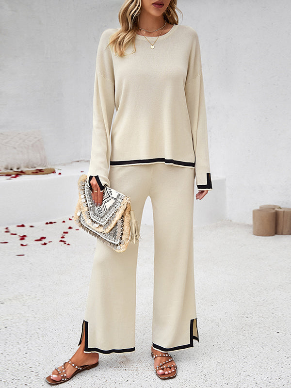 Contrast Color Long Sleeves Split-Joint Split-Side Round-Neck High-Low Sweater Tops +  Pants Bottom Two Pieces Set