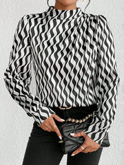 Contrast Color Pleated Printed Split-Joint Long Sleeves Loose Mock Neck Blouses&Shirts Tops