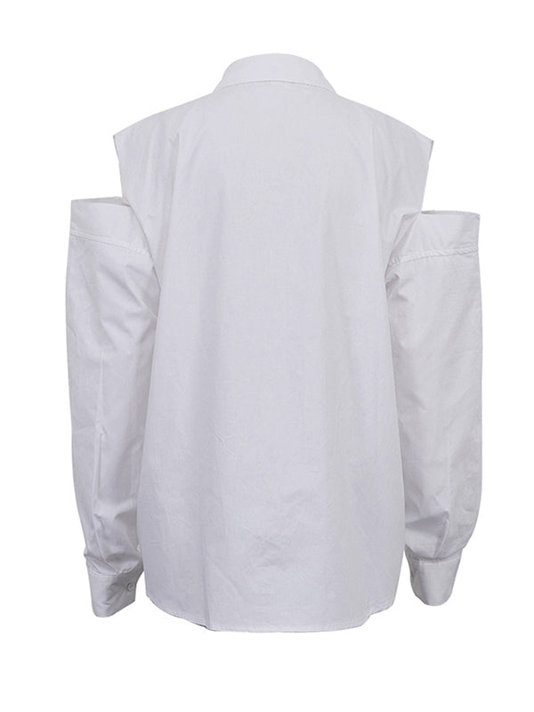 Buttoned Fringed Hollow Pockets Solid Color Split-Joint Long Sleeves Loose Lapel Blouses&Shirts Tops
