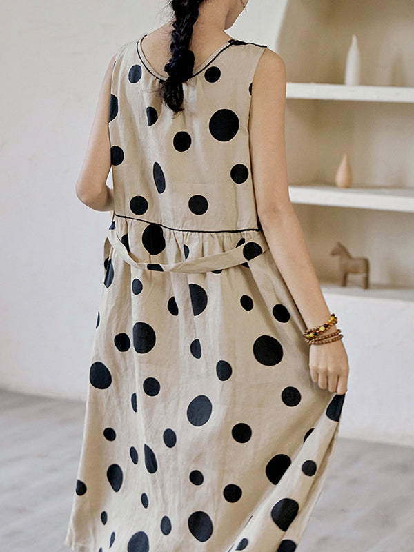 Contrast Color Pleated Polka-Dot Split-Joint Tied Waist Loose Sleeveless Round-Neck Midi Dresses