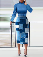 Contrast Color Pockets Printed Split-back Bodycon Long Sleeves High Neck Midi Dresses