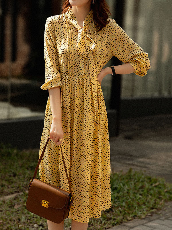 Polka-Dot Tied A-Line High Waisted Mock Neck Midi Dresses