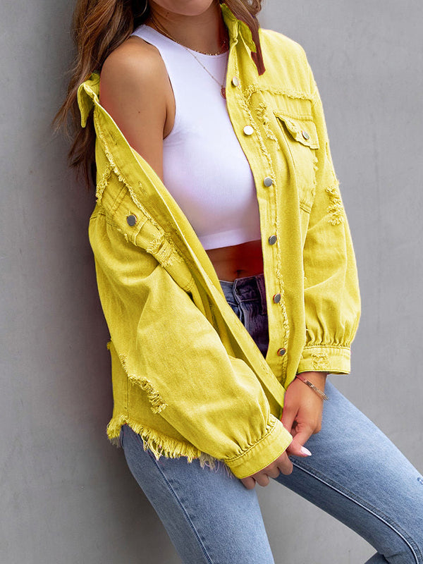 Fringed Pockets Long Sleeves Loose Lapel Outerwear