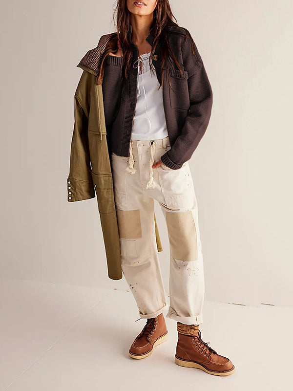 Buttoned Pockets Solid Color Split-Joint Long Sleeves Loose Stand Collar Cardigan Tops