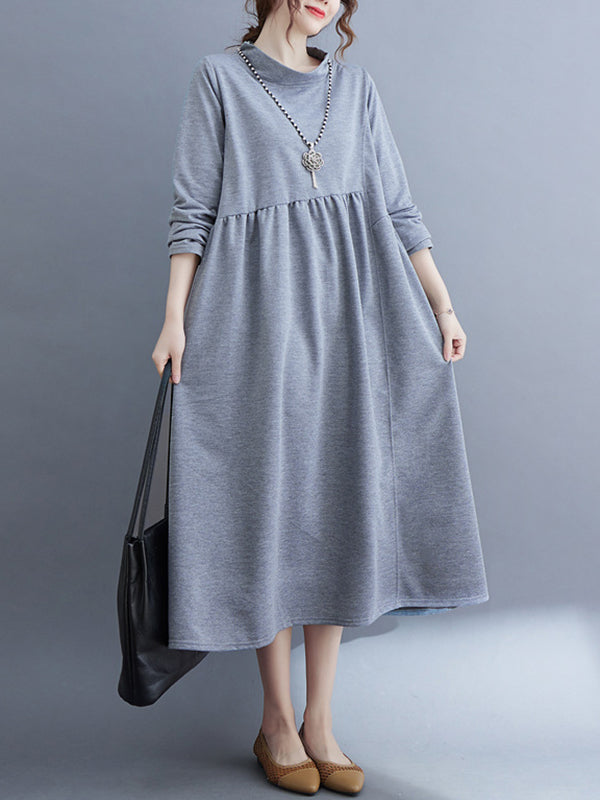 Casual Loose Long Sleeves Solid Color Stand Collar Midi Dresses
