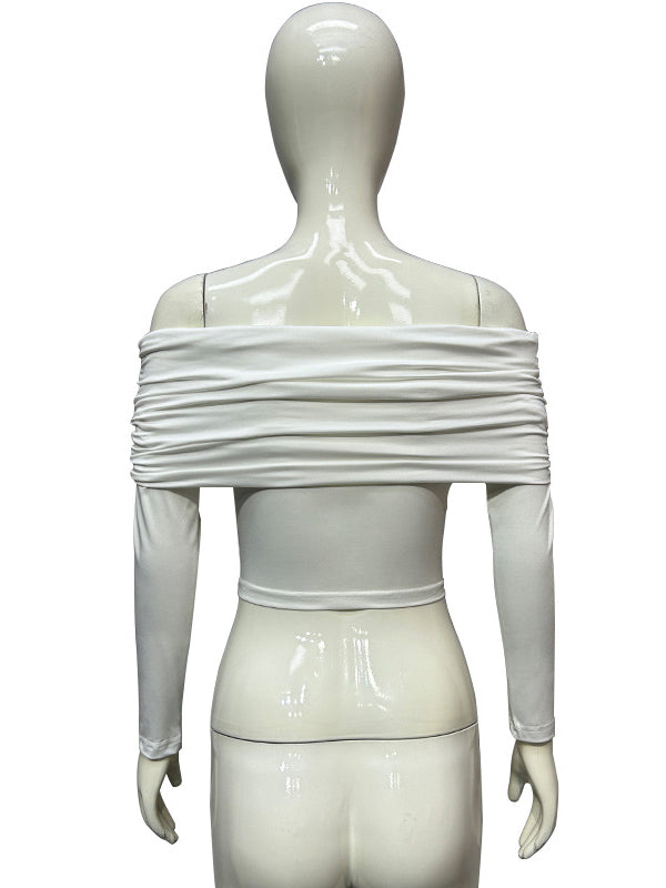 Solid Color Split-Joint Long Sleeves Skinny Off-the-shoulder T-shirts
