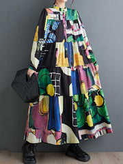 Buttoned Printed Split-Joint Long Sleeves Loose Round-Neck Midi Dresses