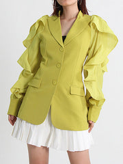 Buttoned Pockets Ruffled Split-Joint Long Sleeves Loose Notched Collar Outerwear Blazer