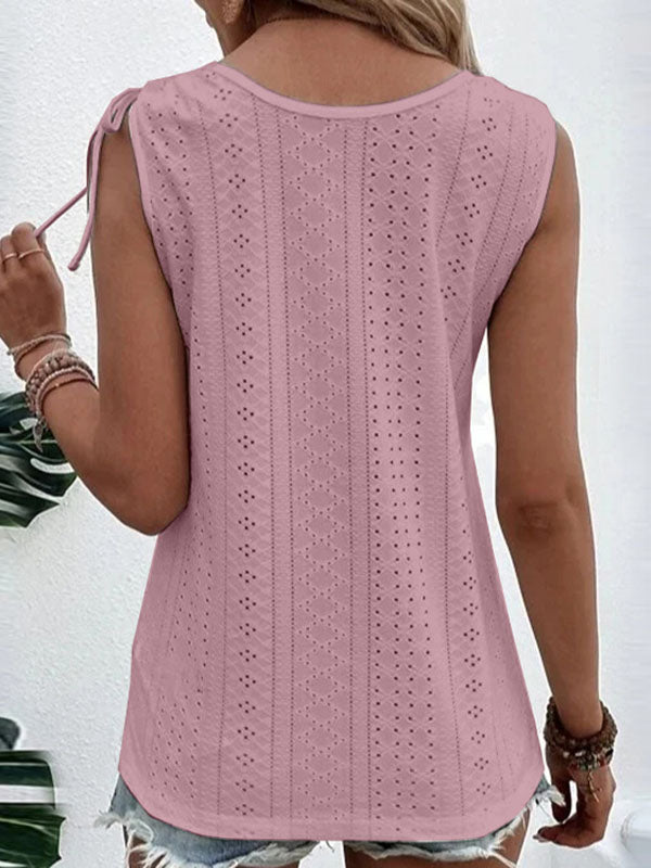 Buttoned Hollow Pleated Split-Joint Tied Loose Plus Size U-neck Vest Top