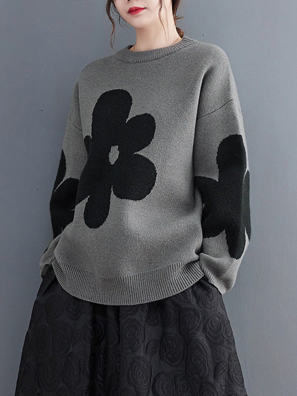 Casual Long Sleeves Loose Contrast Color Jacquard Round-Neck Pullovers