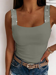 Elasticity Rhinestone Split-Joint Skinny Sleeveless Spaghetti-Neck Vest Top