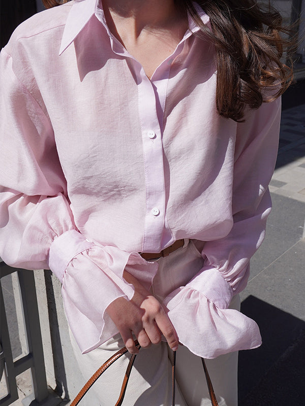 Pleated Solid Color Split-Joint Loose Puff Sleeves Lapel Blouses&shirts Tops