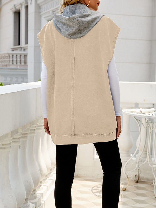 Buttoned Detachable Hooded Pockets Split-Joint Loose Sleeveless Lapel Collar Vest Outerwear