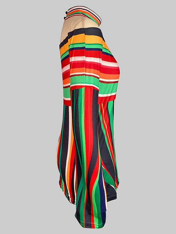Contrast Color Striped Long Sleeves Loose Halter-Neck T-Shirts Tops